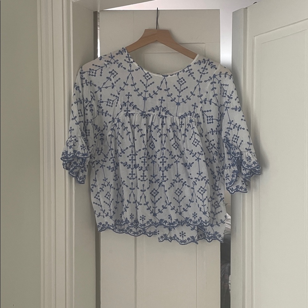 Zara Ivory Blouse with Navy Embroidery